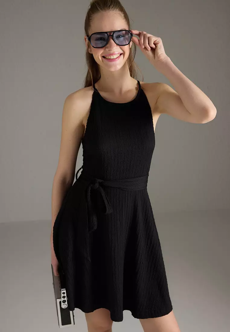 Buy Trendyol Black Textured Strap Tie Detailed Skater/Waist Open Mini Knit  Dress Twoss25El00794 2026 Online