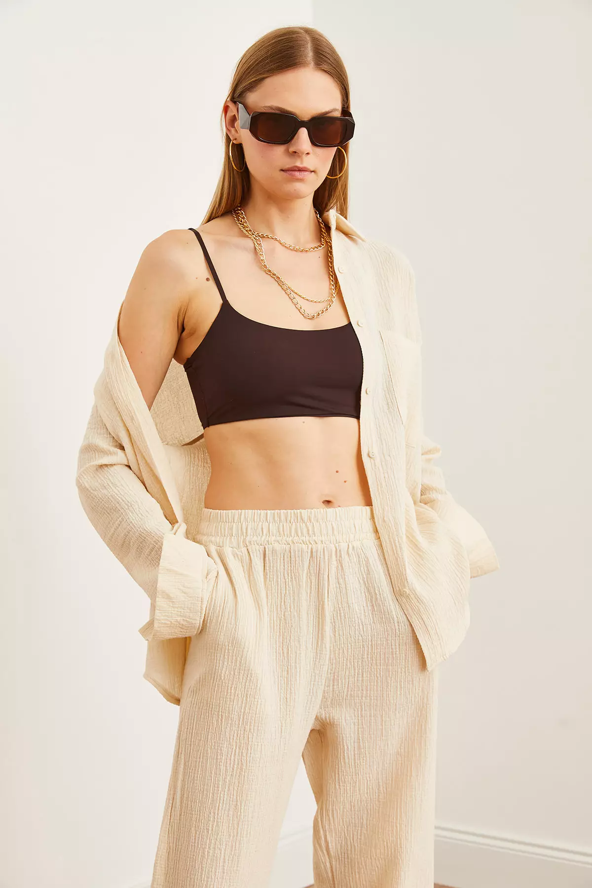 Oversize Stone Colored Women's Muslin Shirt - Gml- 19001217