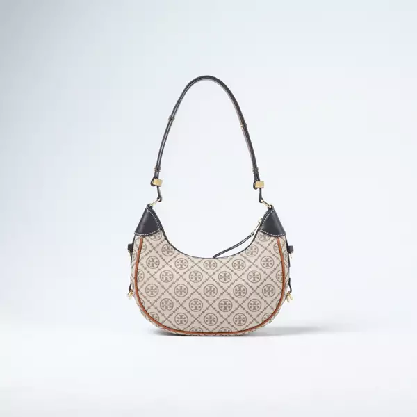 Tas TORY BURCH CRESCENT MONOGRAM BROWN BEIGE SHOULDER BAG 100% ORIGINAL