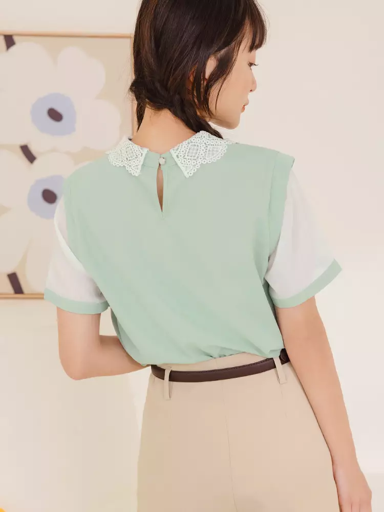 トップス GREEN BUTTER COLLAR LACE BLO Buy OBSTYLE Lace Collar Colour-Block Panelled Top [AB18800] Online