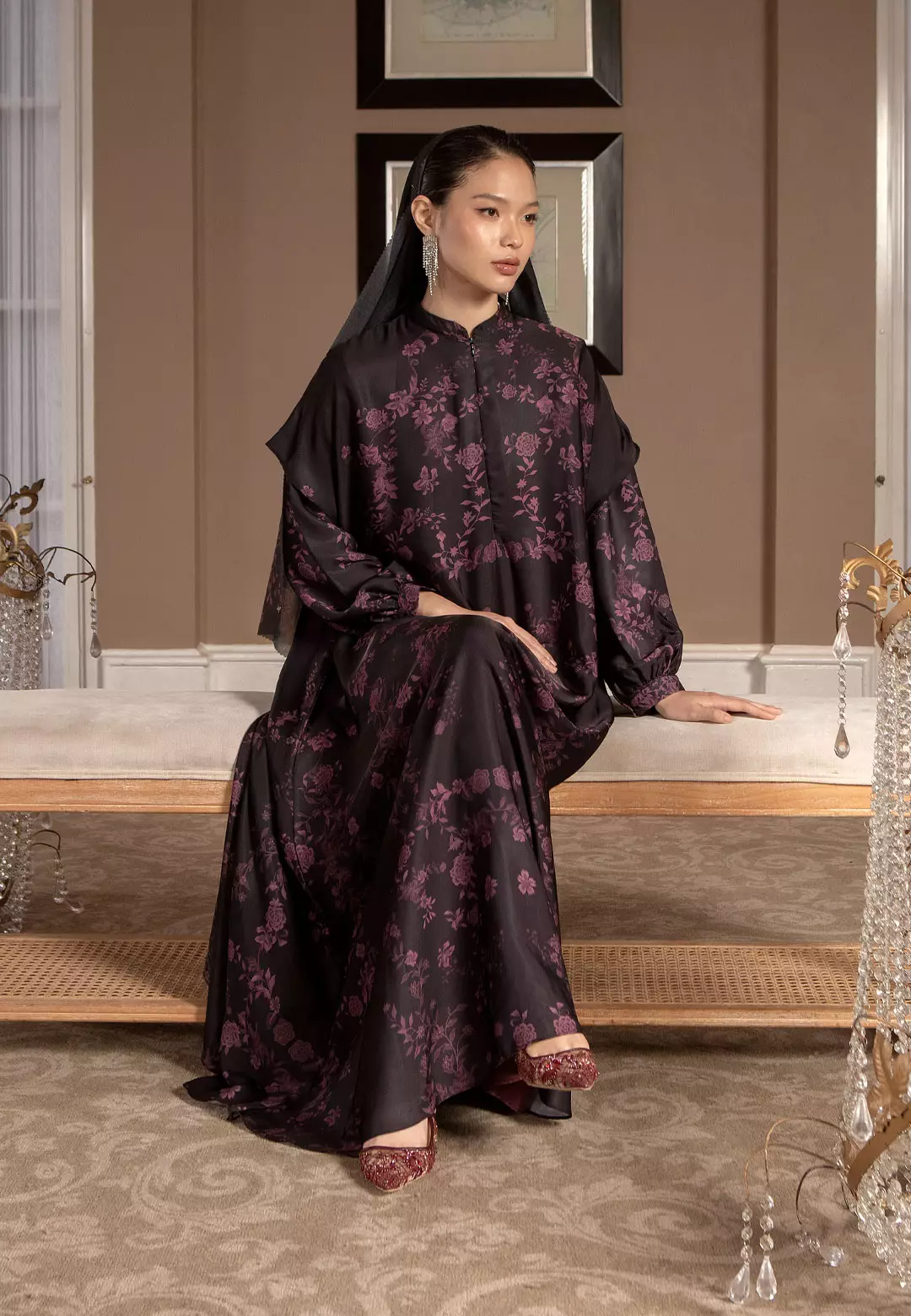 HijabChic Estelle Dress Plum - Dress Lebaran Wanita Motif Floral Modern Elegan