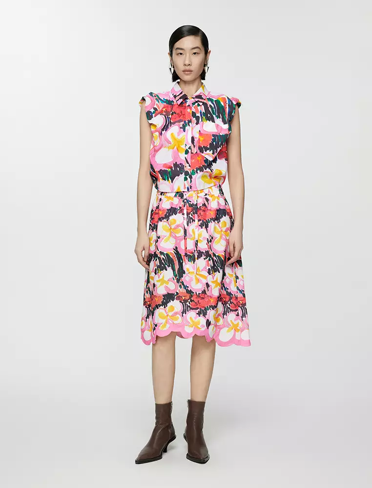 A-Line Printed Midi Waist Skirt