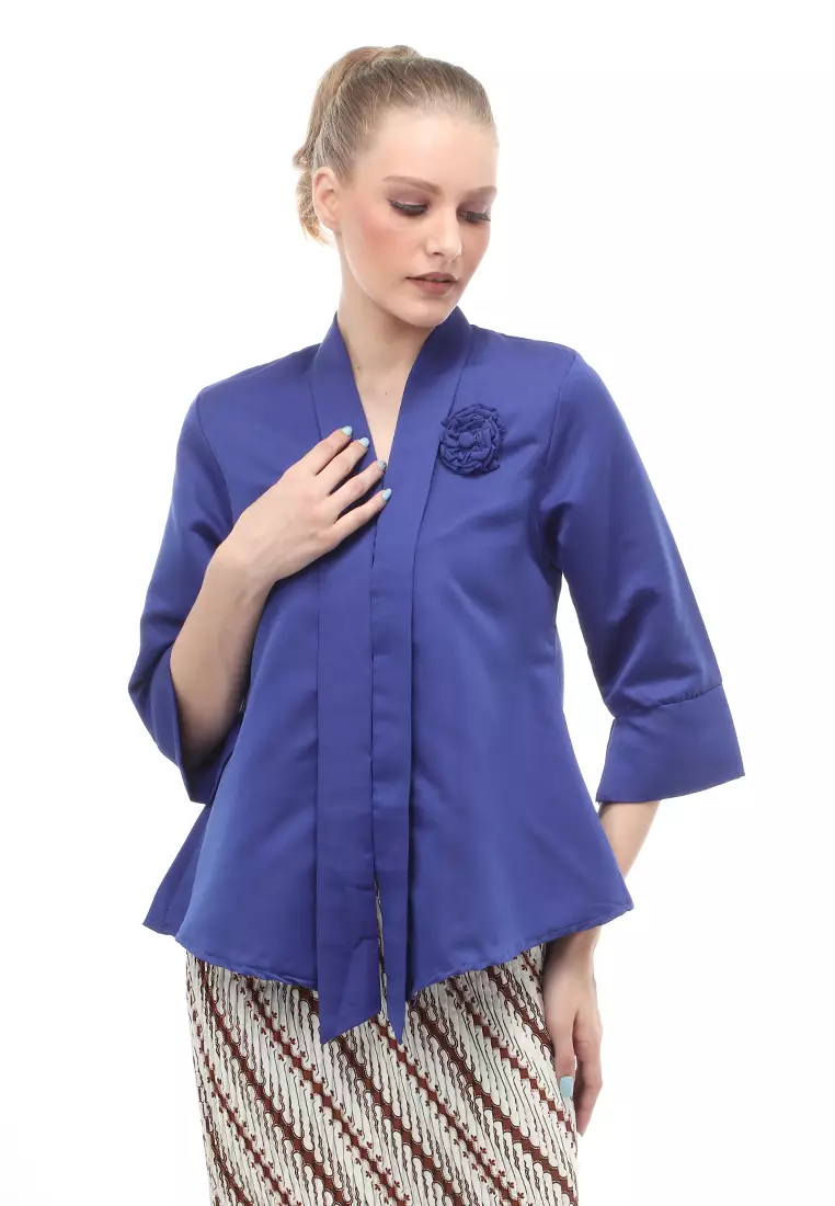 Elvia Kebaya Atasan Wanita Lengan Panjang Design Casual - Biru Benhur