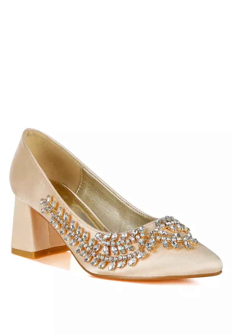 Satin Diamante Embellished Pumps in Beige