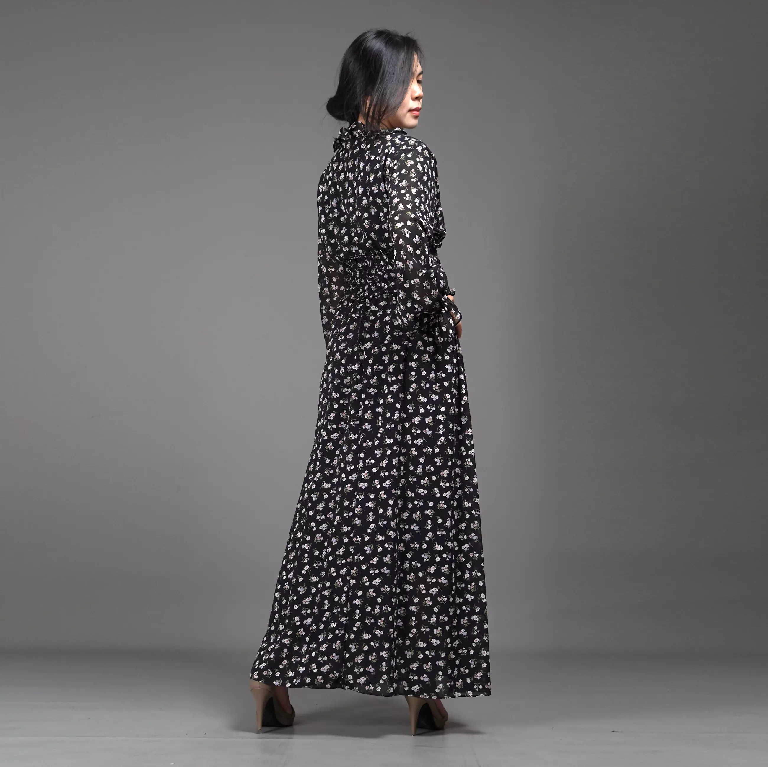  Dress SHALMA Long Dress Sifon Gaun Panjang Gaya Korea - Hitam