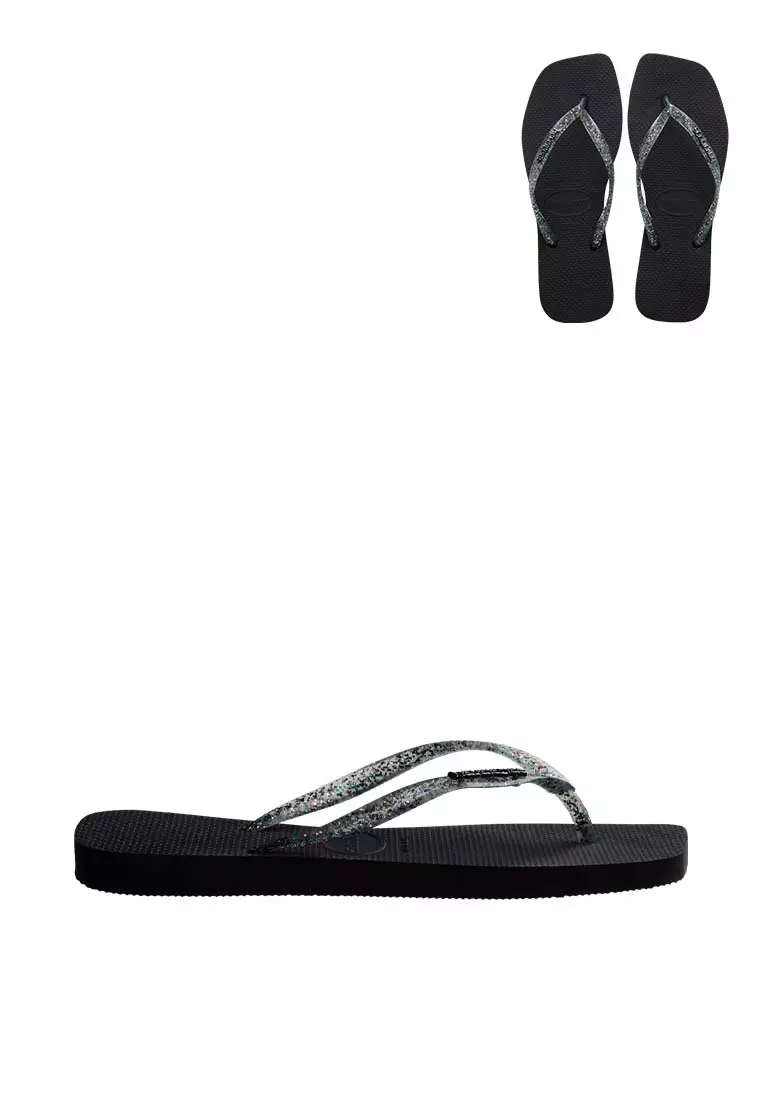 Women Slim Square Logo Metallic - Black Flip Flops