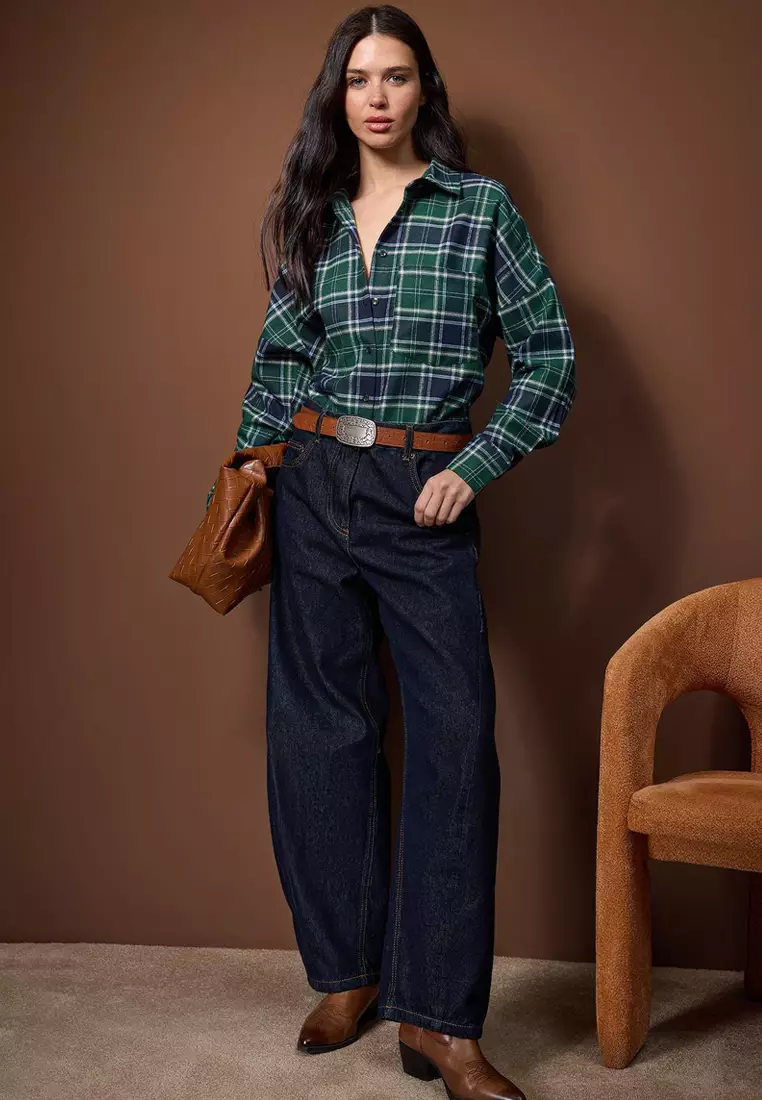 Blue-Multicolored Flannel Plaid Oversized /Wide Fit Shirt Twoaw26Go132