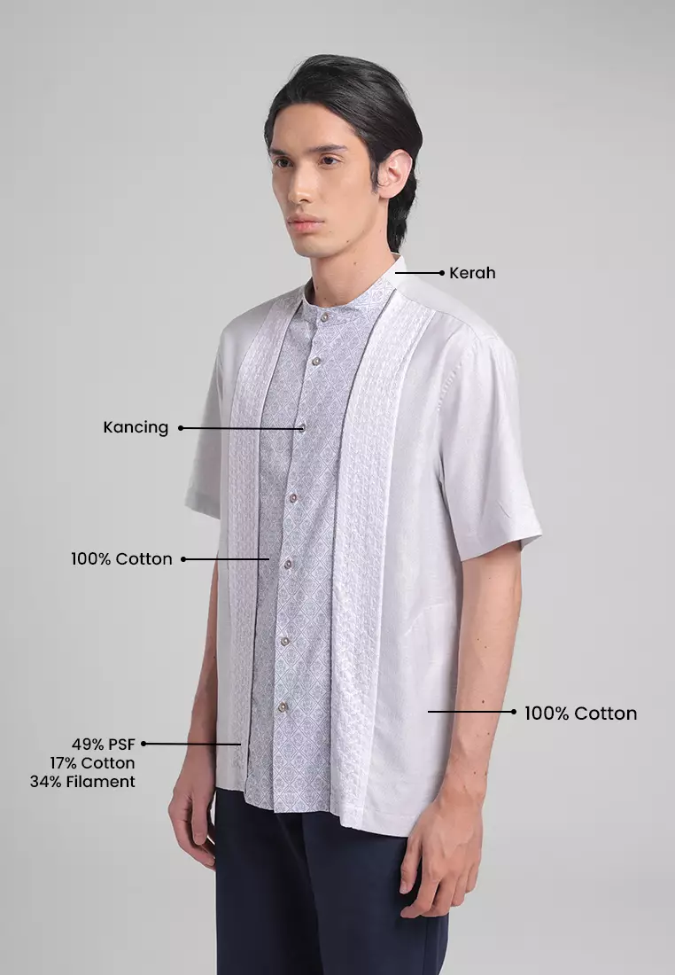 MANZONE - Kemeja Koko lengan Pendek Pria Feyzi Comfort Fit - Grey Light Warna Grey Light