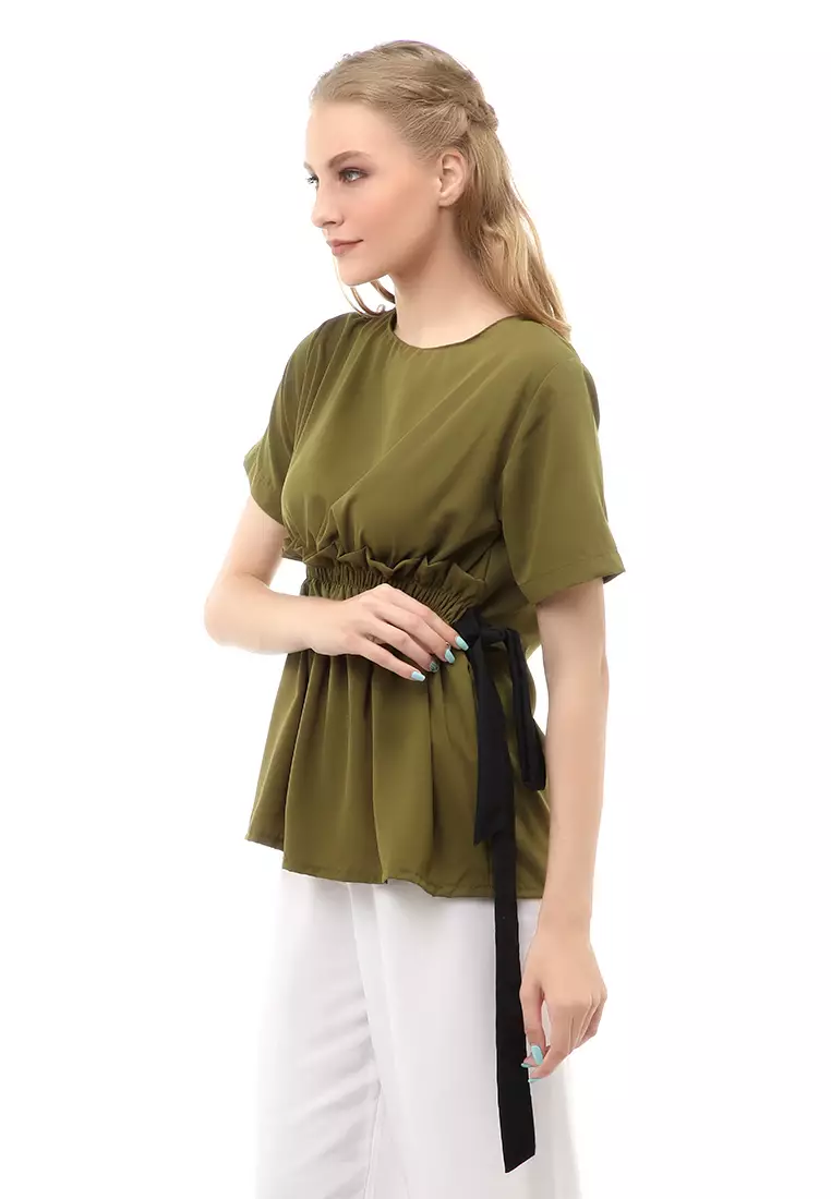 Cheva Blouse Atasan Wanita Kasual Pinggang Karet Pita Ikat Simple Material Wolfis ORIGINAL - Army Green