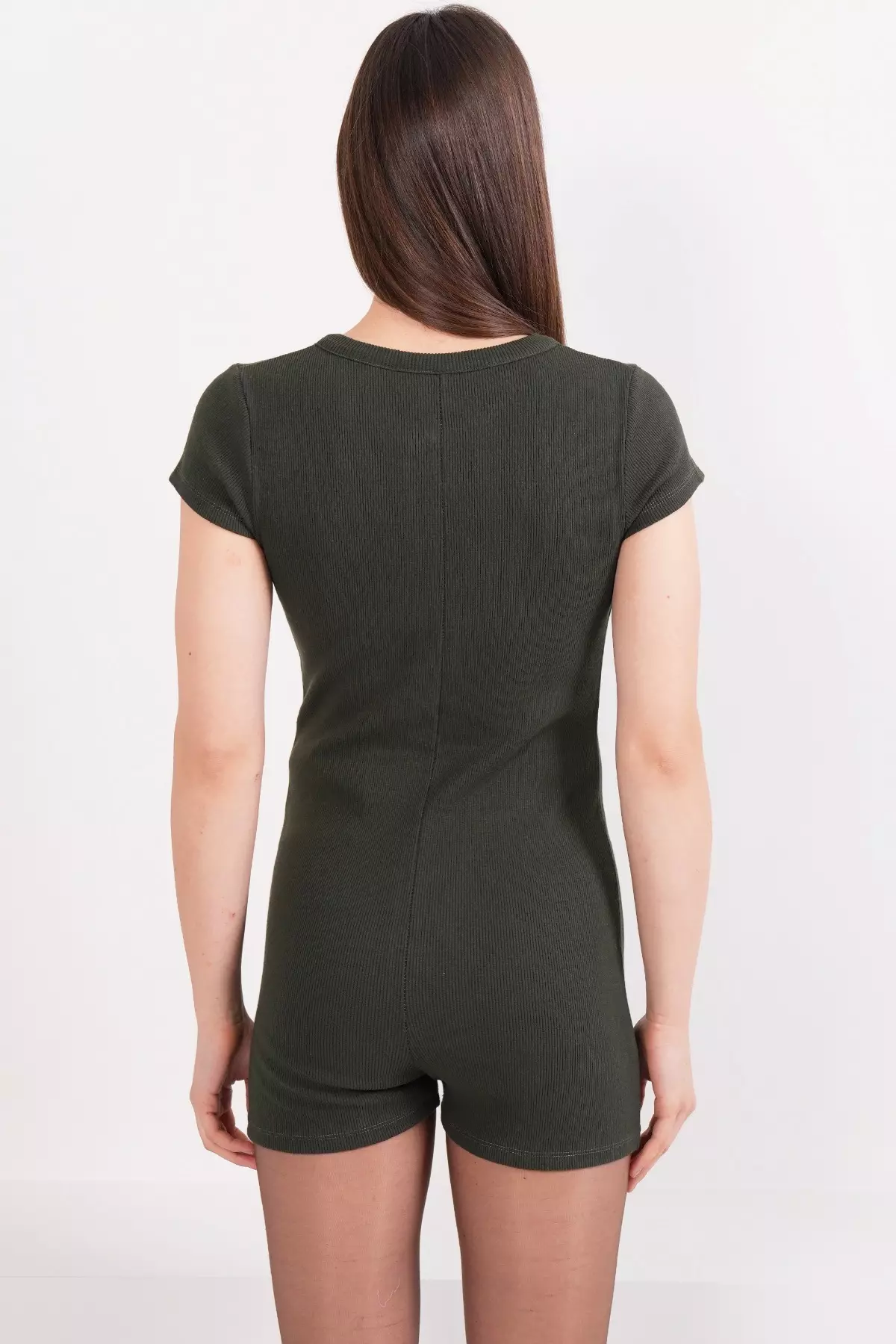 Khaki Crew Neck Ribbed Short Sleeve Jumpsuit Romper Pjm-X13914