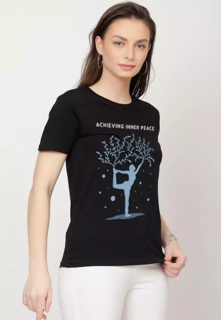 Inner Peace Relaxed Short Sleeve Stylish Black Cotton Casual Graphic Print Tee/TShirt