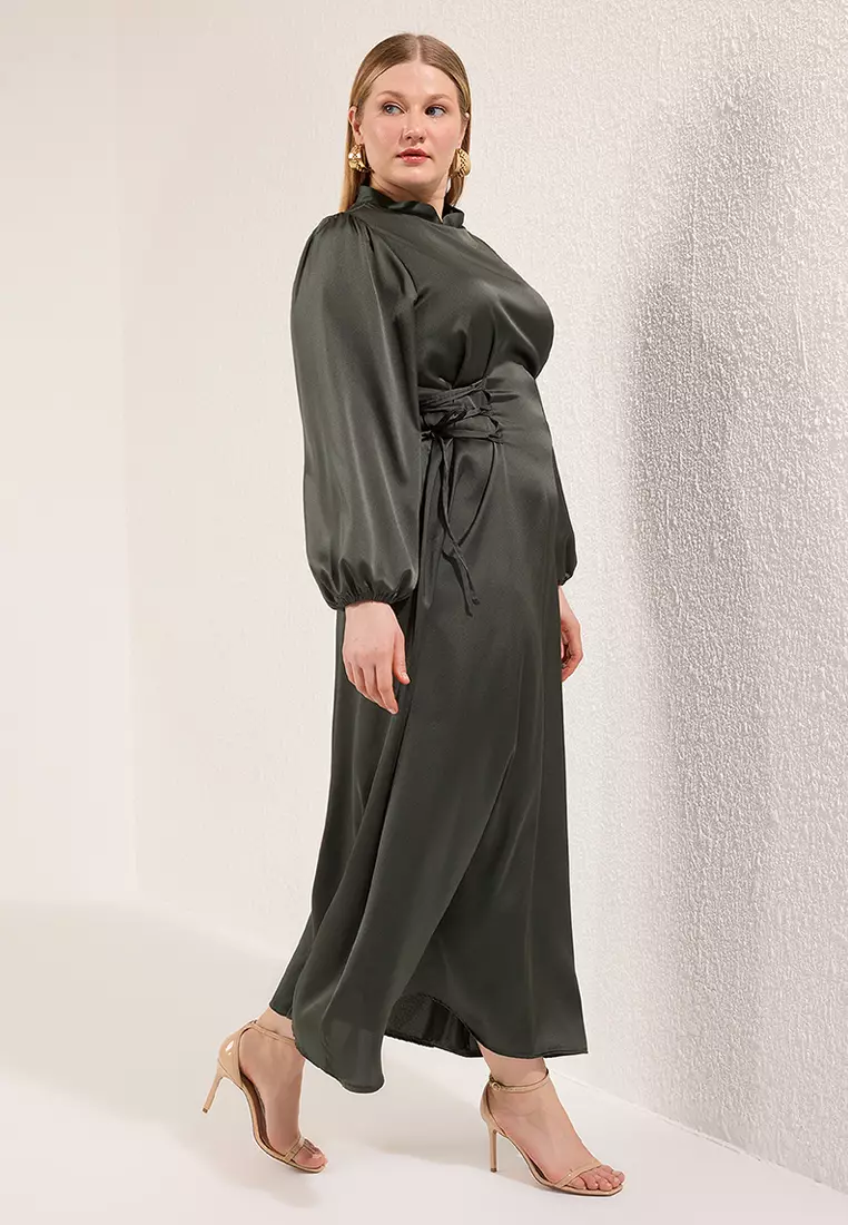 Plus Size Khaki Waistline Brit Satin Evening Dress TCTSS25DB00021
