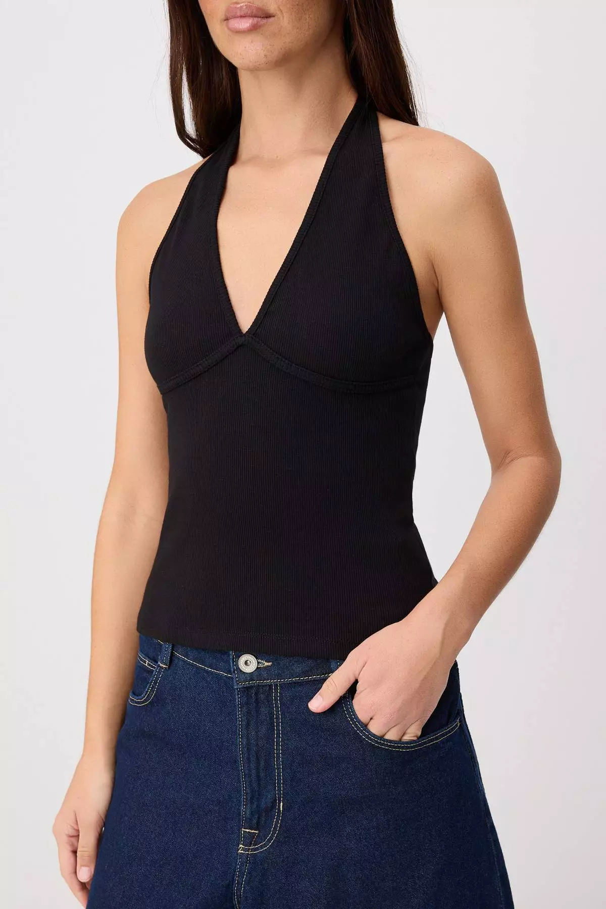 Black Fitted/Bodycon Halter Neck Tie-Detail Sleeveless Corded Fabric Stretchy Knitted Blouse Twoss26Bz00763