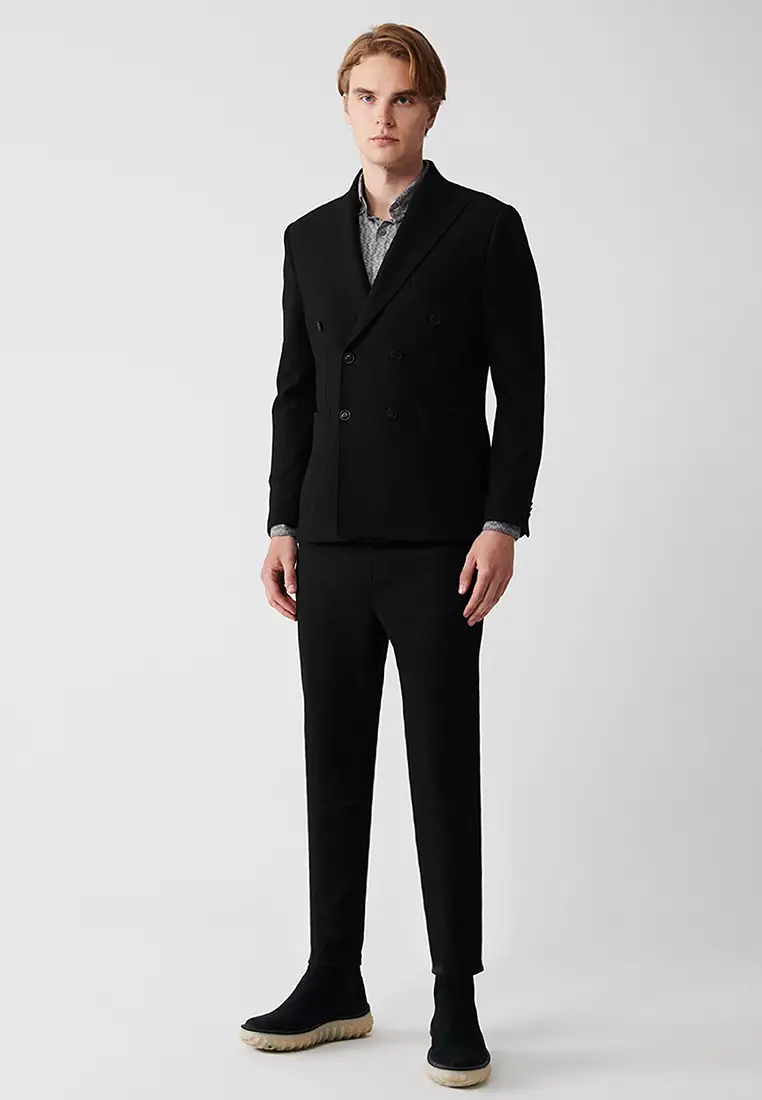 Men's Black Swallow Collar Unlined Double Breasted Closure Jacket A32Y4052