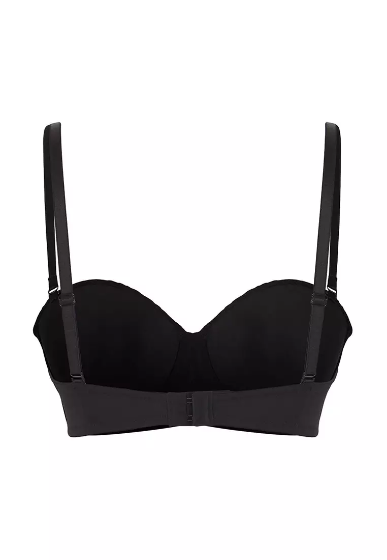 Black Micro Lace Detailed Covered Strapless Knitted Bra