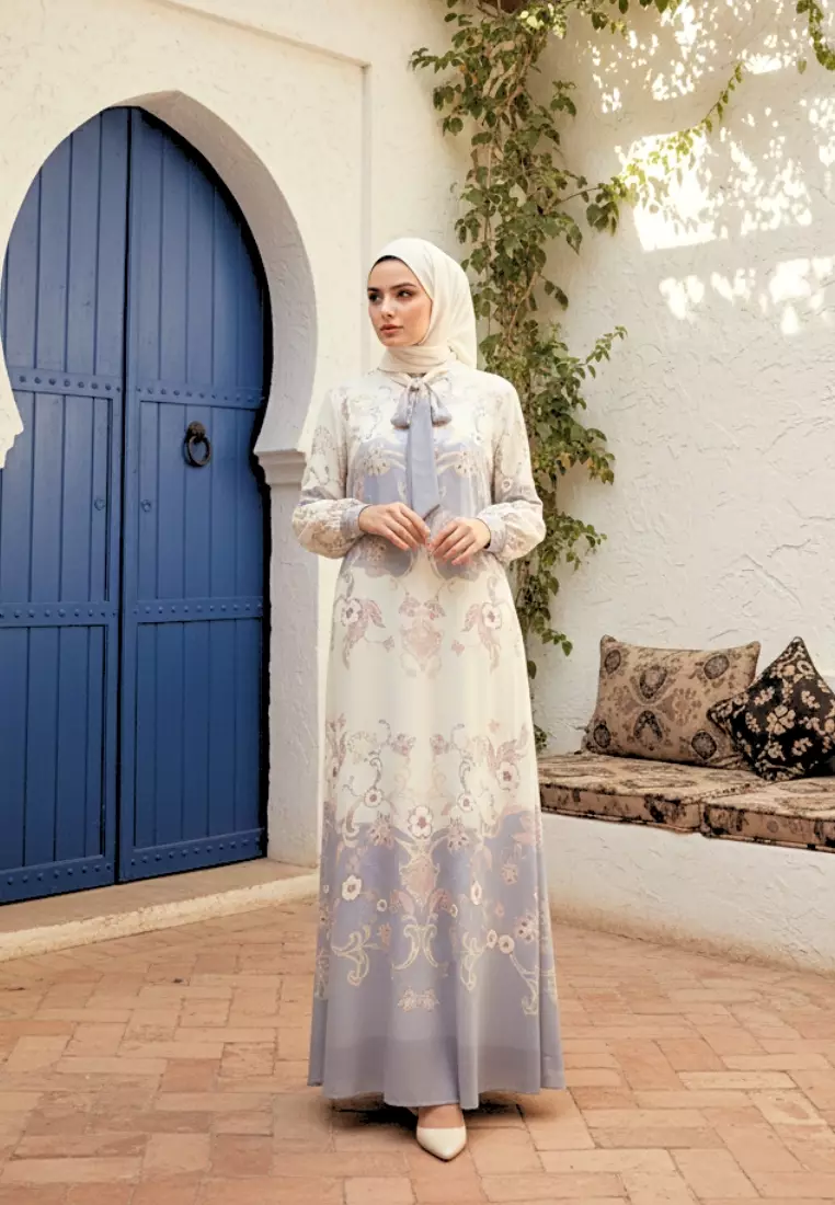 Mosleem Long Dress Pasley Motif In two Tone Cream and Blue By Brilliant Girl Warna CREAM