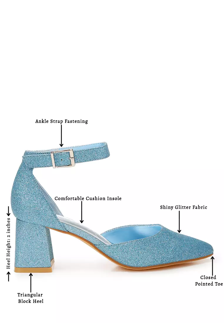 Sandal Tumit Blok Berkilau Warna Biru