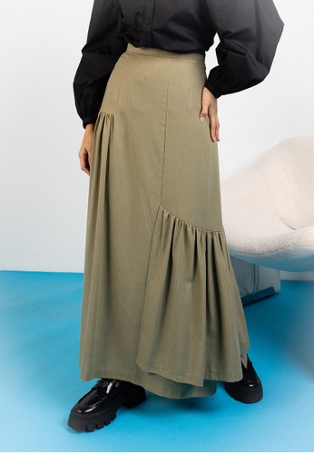 Lubna green Linen Asymmetrical Gathered Skirt C8CABAA39D0C8EGS_1