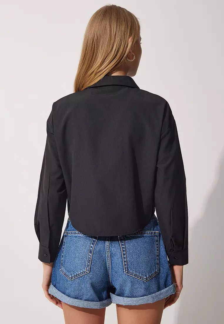 Oversized Crop Poplin Shirt with Pockets