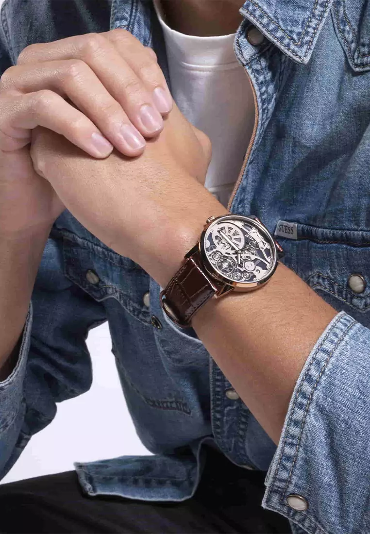 Guess GW0570G2 - Jam Tangan Analog Pria - Rosegold Stainless Steel Case - Brown Leather Strap