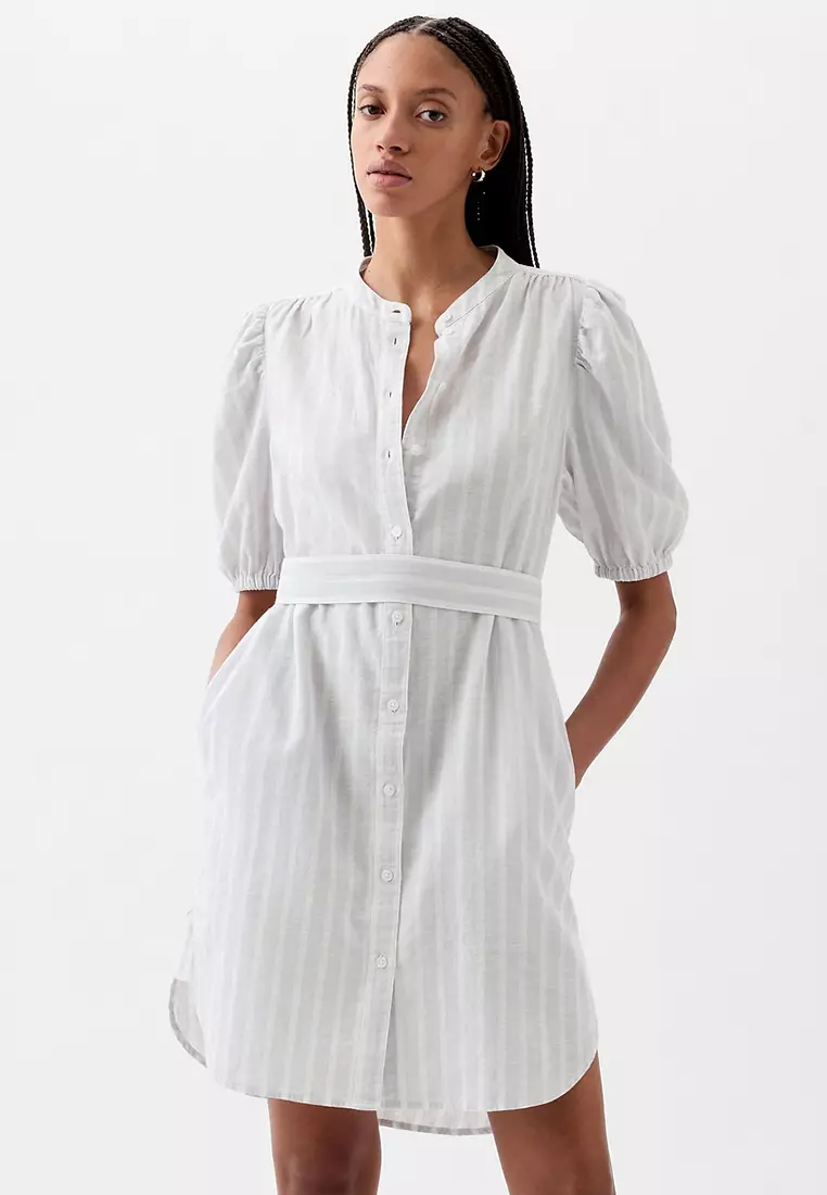 Puff Sleeve Linen-Cotton Shirtdress