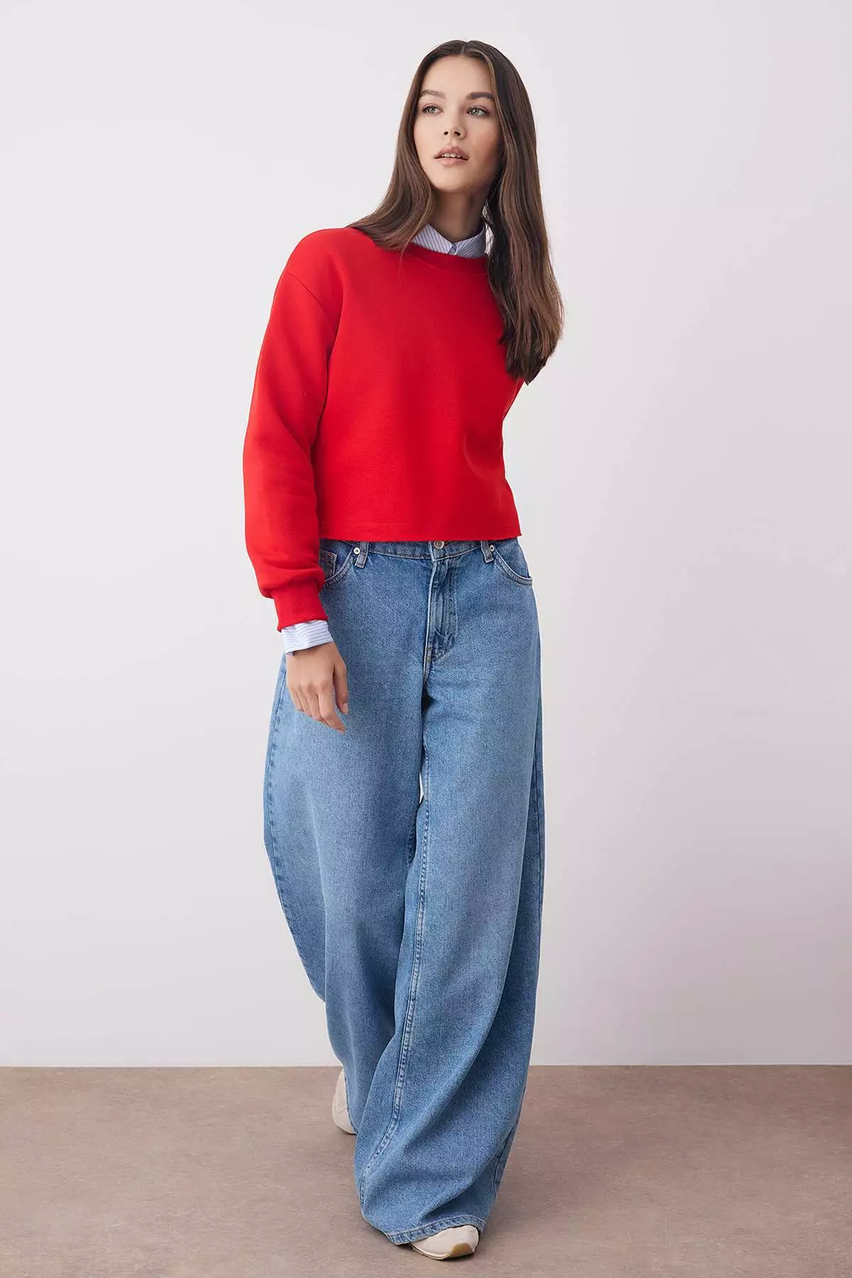 Red Thick Fleece Inside Crew Neck Crop Knitted Sweatshirt