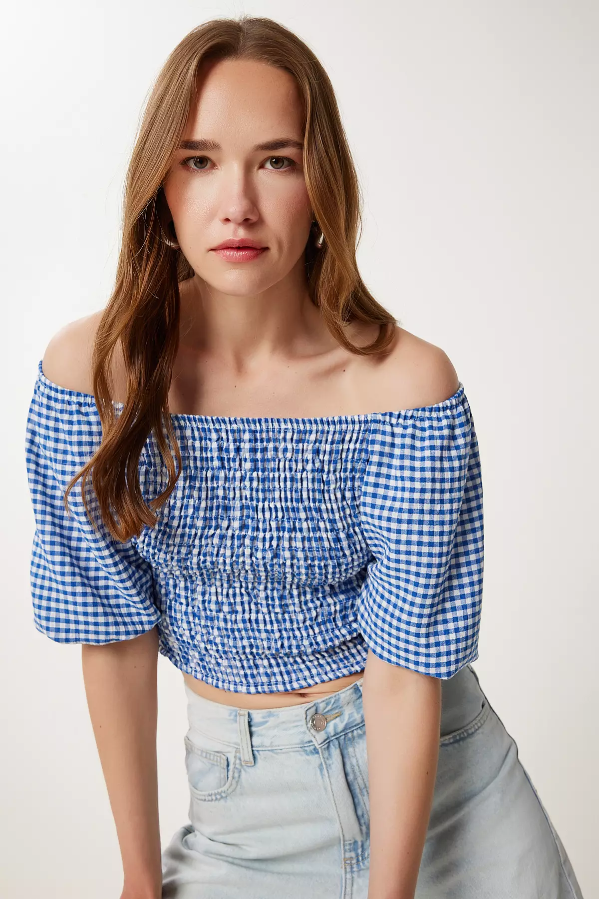 Women's Blue Checkered Carmen Collar Stretchy Crop Linen Blouse Tp00079