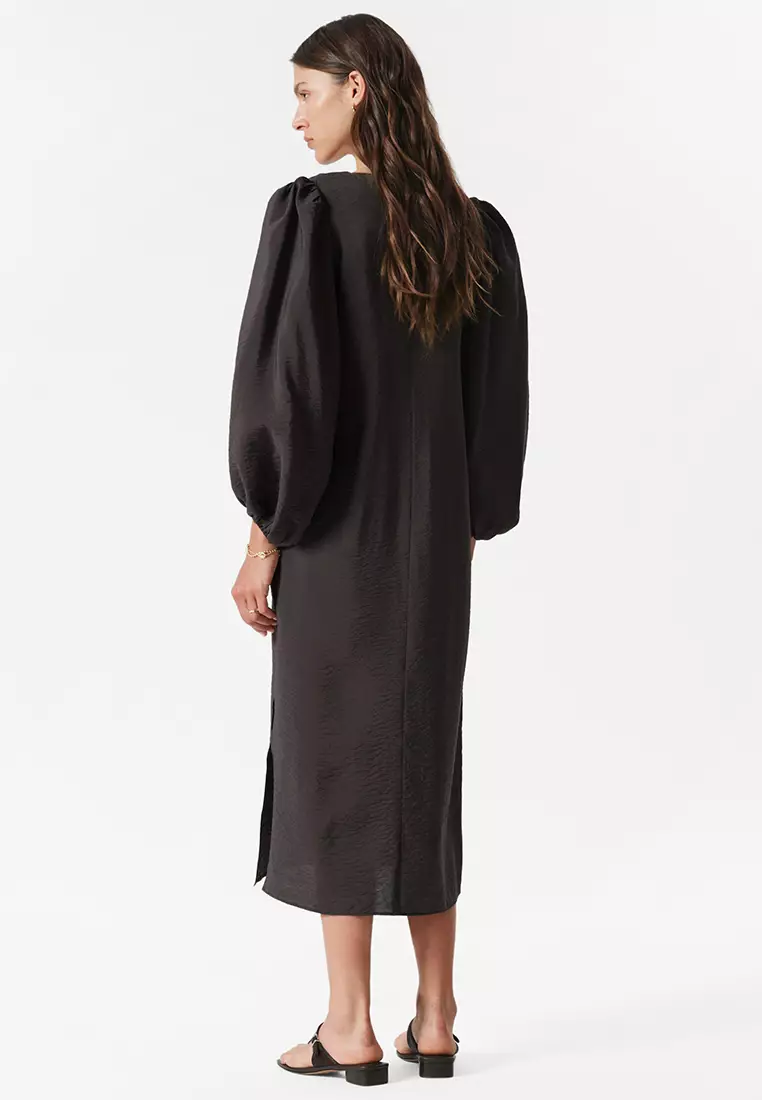 Puff-Sleeve V-Neck Midi Dress
