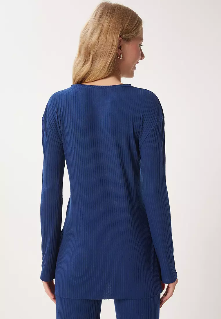 Comfortable Ribbed Knitted Blouse Trousers Set