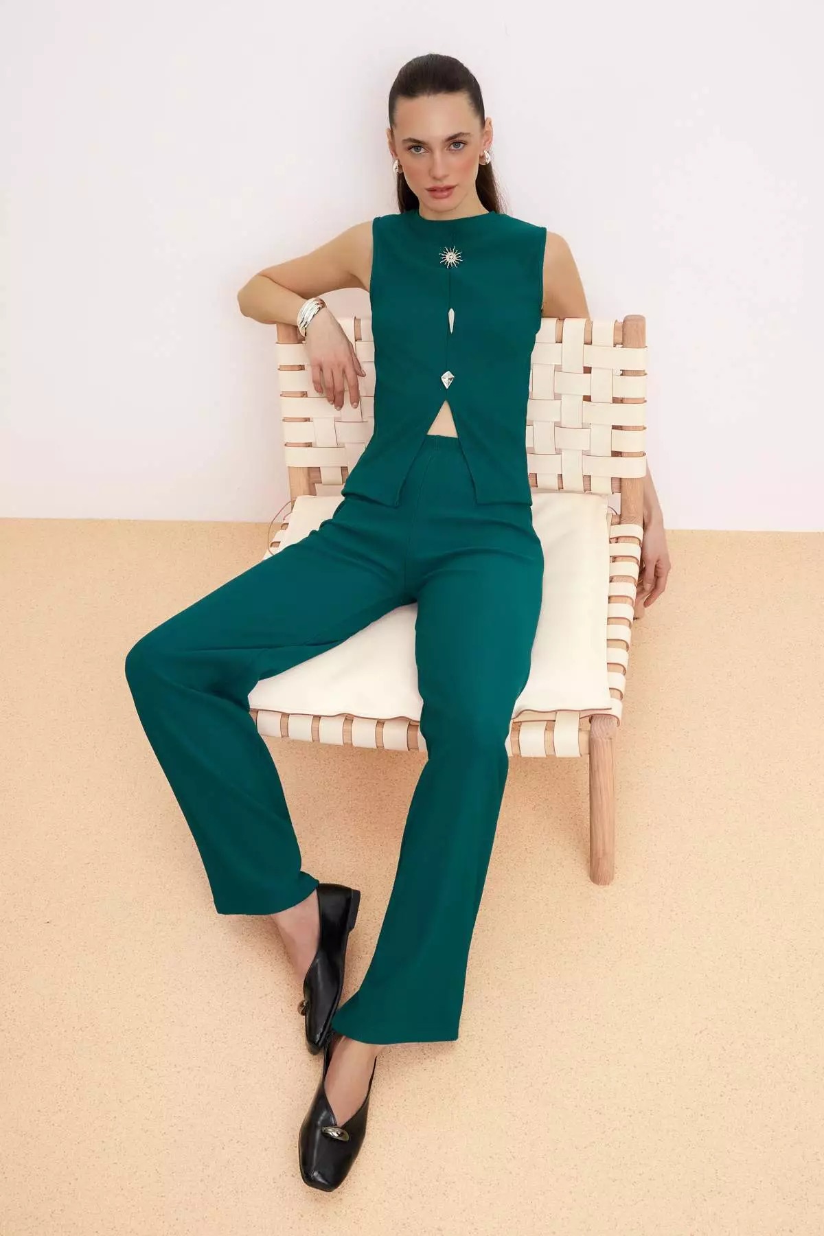 Emerald Green Silver Button Accessory Zero Sleeve Top Pants Knitted Bottom - Top Set Twoaw26Au83