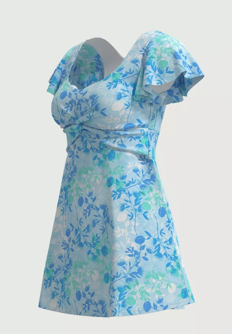 Blooming Grace藍色扭結前襟短袖泳裝連身裙