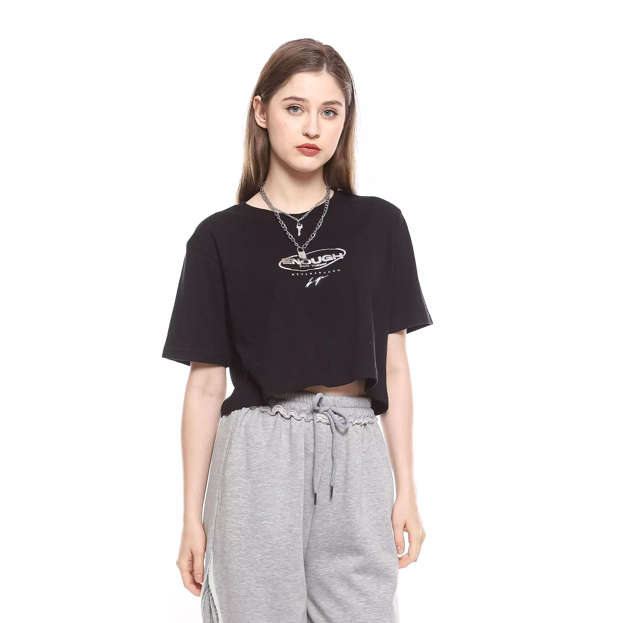 Enough For Today – Kaos Crop Oversize Wanita Hitam Y2K Silverykuiy | T-Shirt Foil Silver Cotton Combed 30s