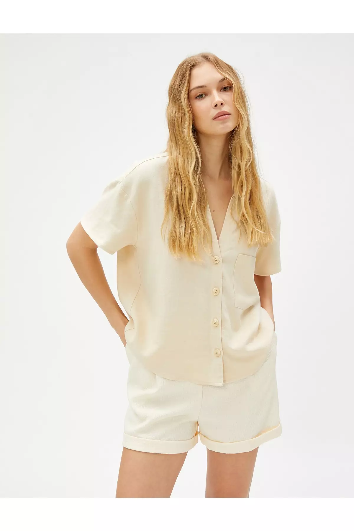 Linen-blend short-sleeve shirt - Women