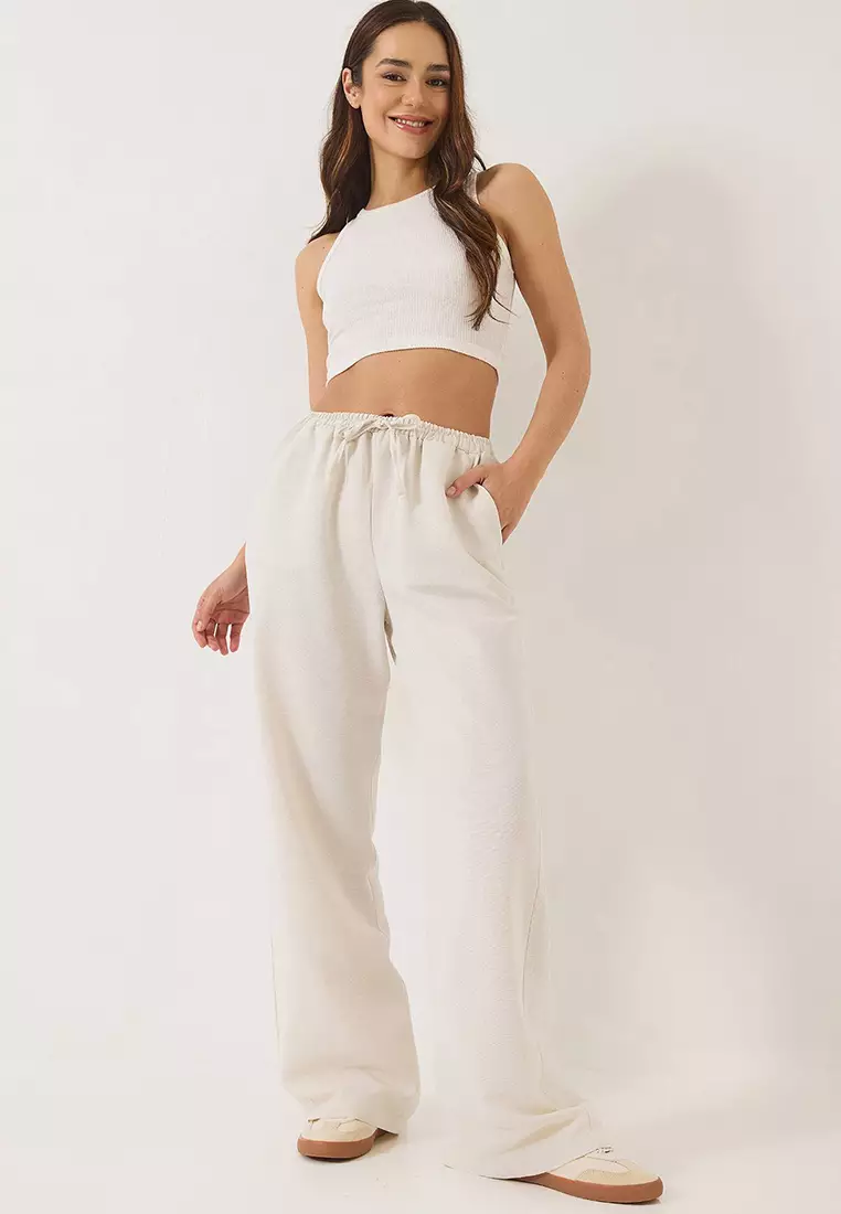Women's Elastic Waist Pocket Detailed Palazzo Linen Trousers 80182 60271083