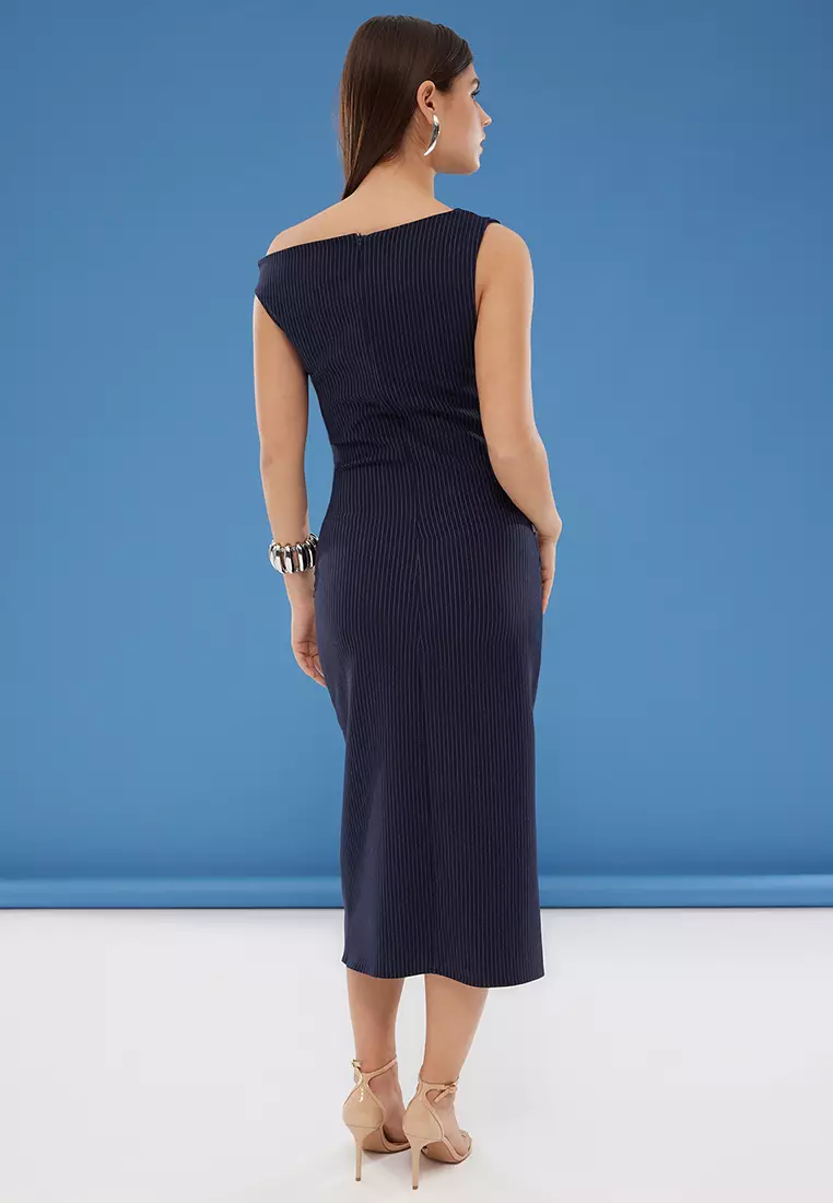 Navy Blue Striped Bodycon Midi Woven Dress