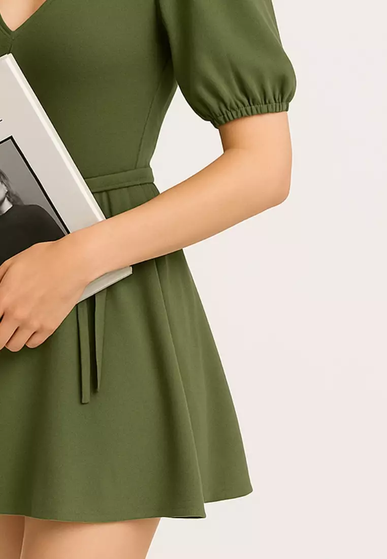 Aurelia Flattering Swimdress – Plus Size Tummy Control One Piece with Skirt Puff Sleeves V-Neck – Elegant Green