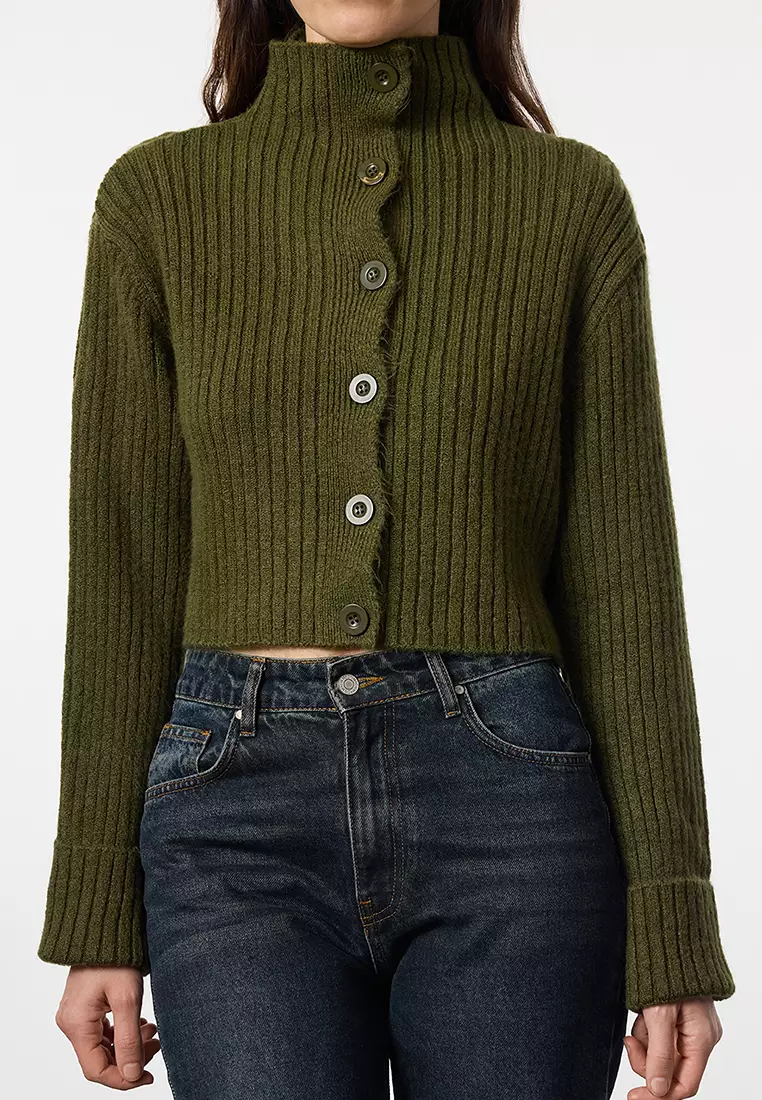 Khaki Crop Soft Textured Stand Collar Knitwear Cardigan TWOAW22HI0174