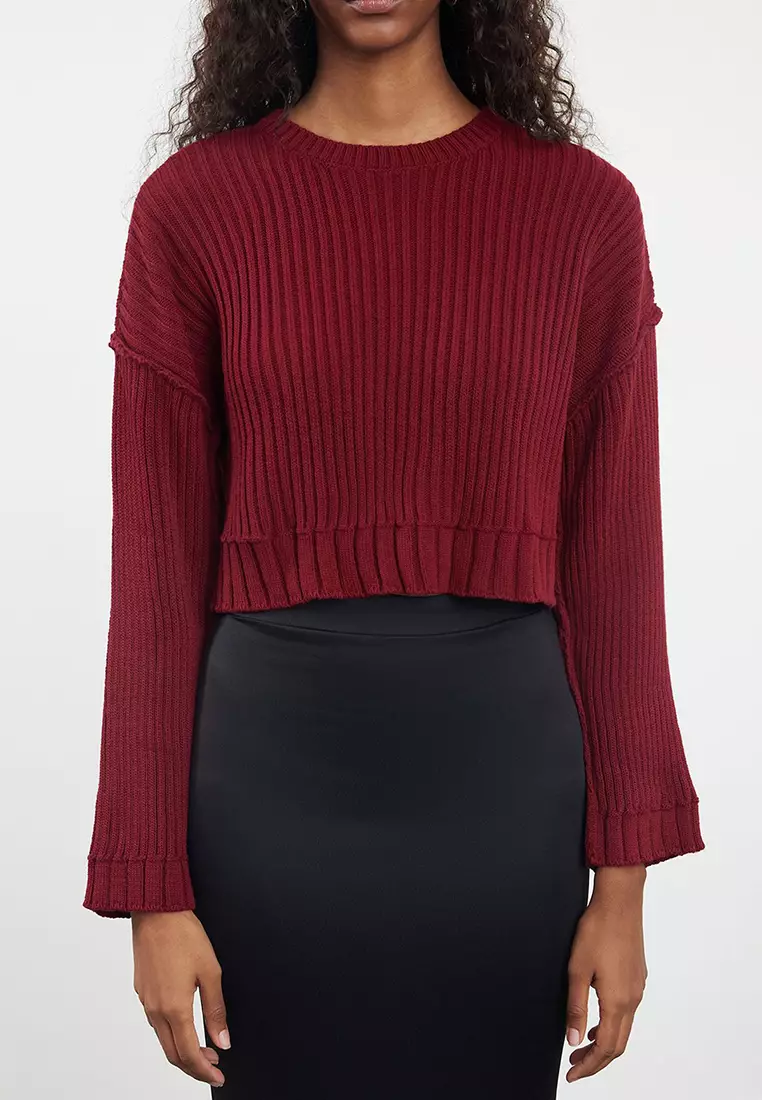 Claret Red Super Crop Knitwear Sweater TWOAW24KZ00275