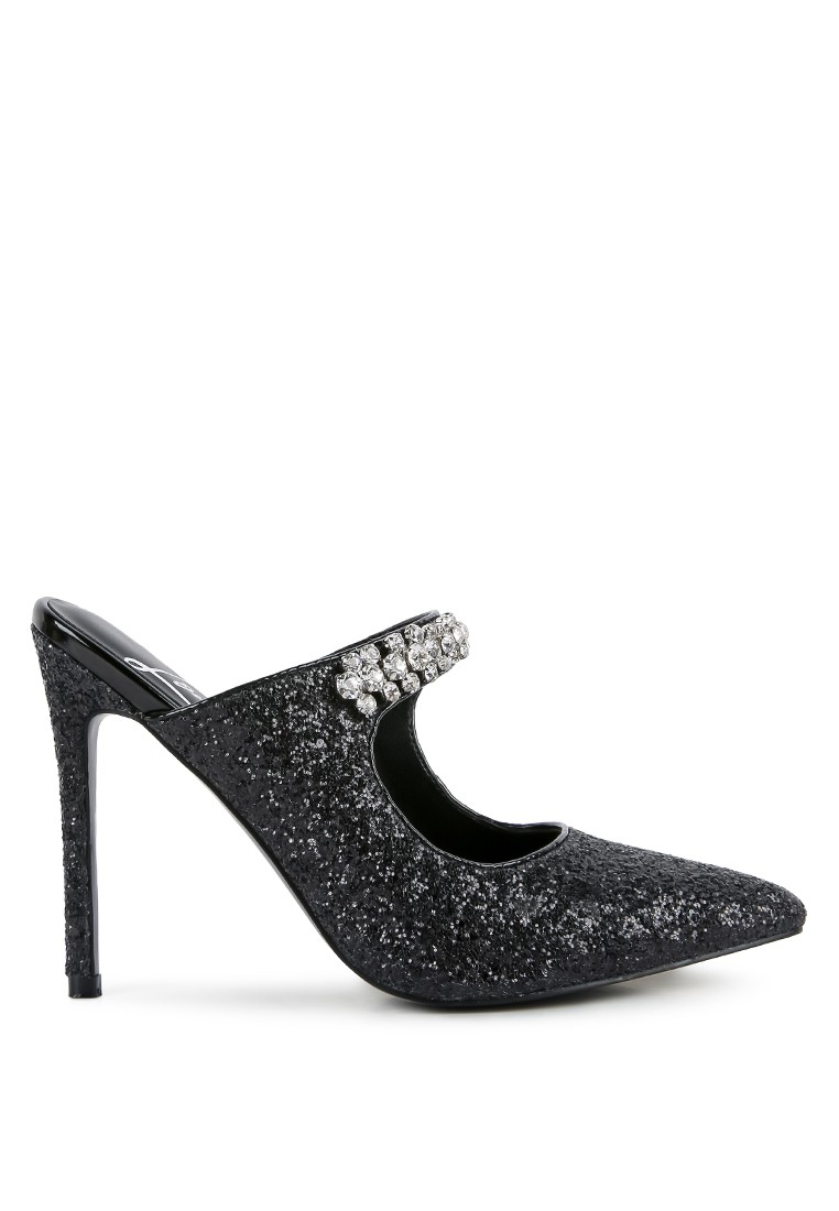 Black Glitter Diamante High Heeled Sandals