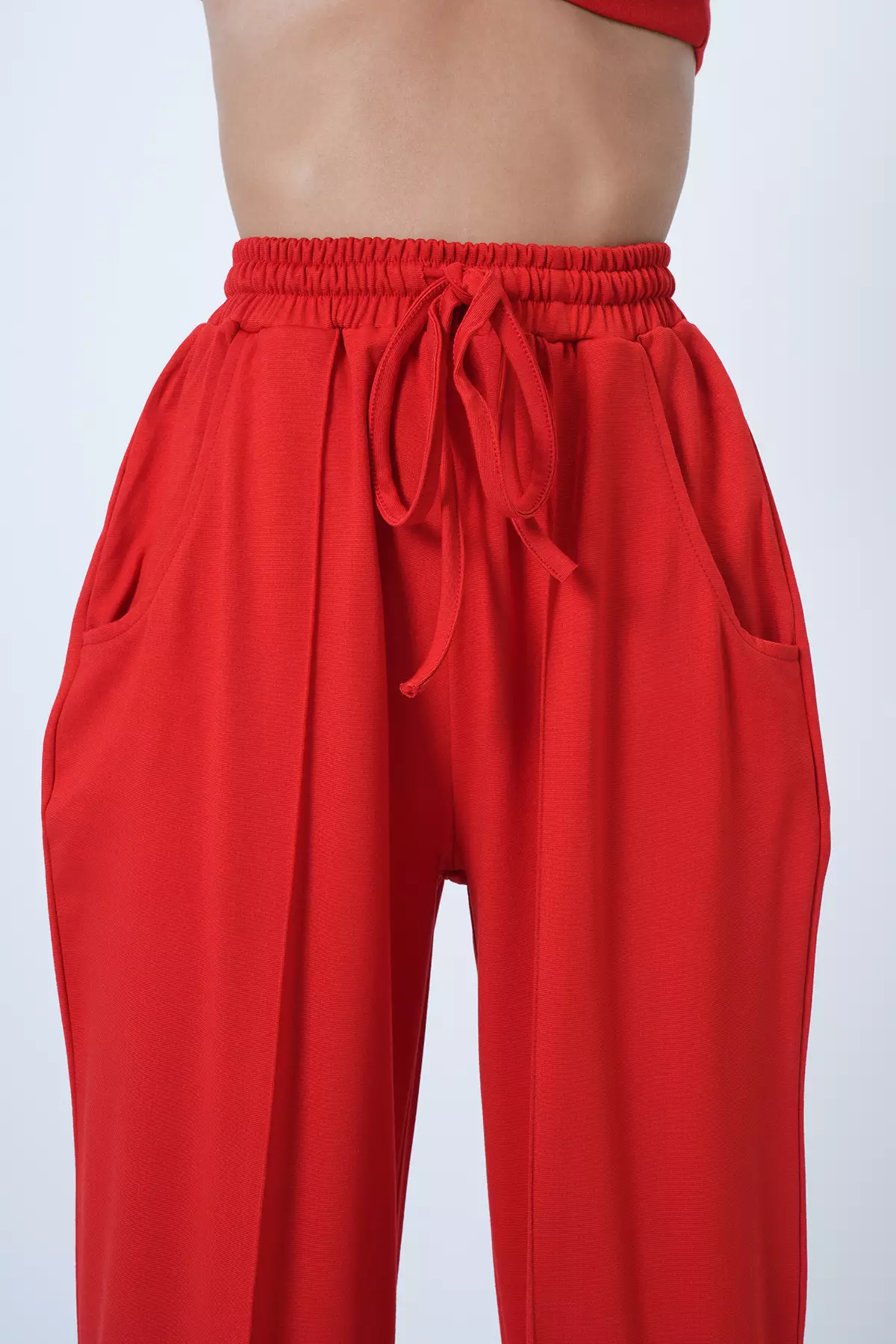 Red Crew Neck Blouse With Ribbed Front And Double Pocket Trousers Set Alc-X14543