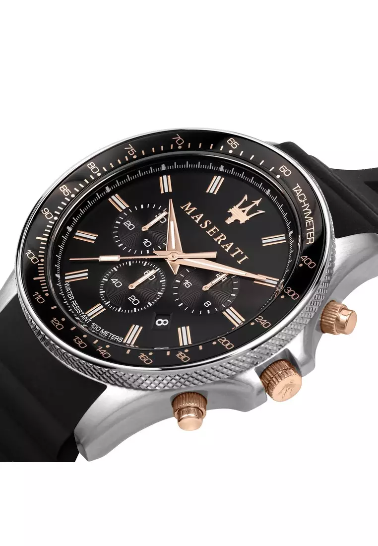 【2 Years Warranty】Maserati Sfida 44mm Black Silicon Chronograph Men's Quartz Watch R8871640002 With Luminous Dial Hands