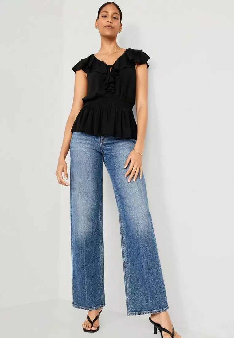 Waist-Defined Sleeveless Ruffle-Trim Top For Women