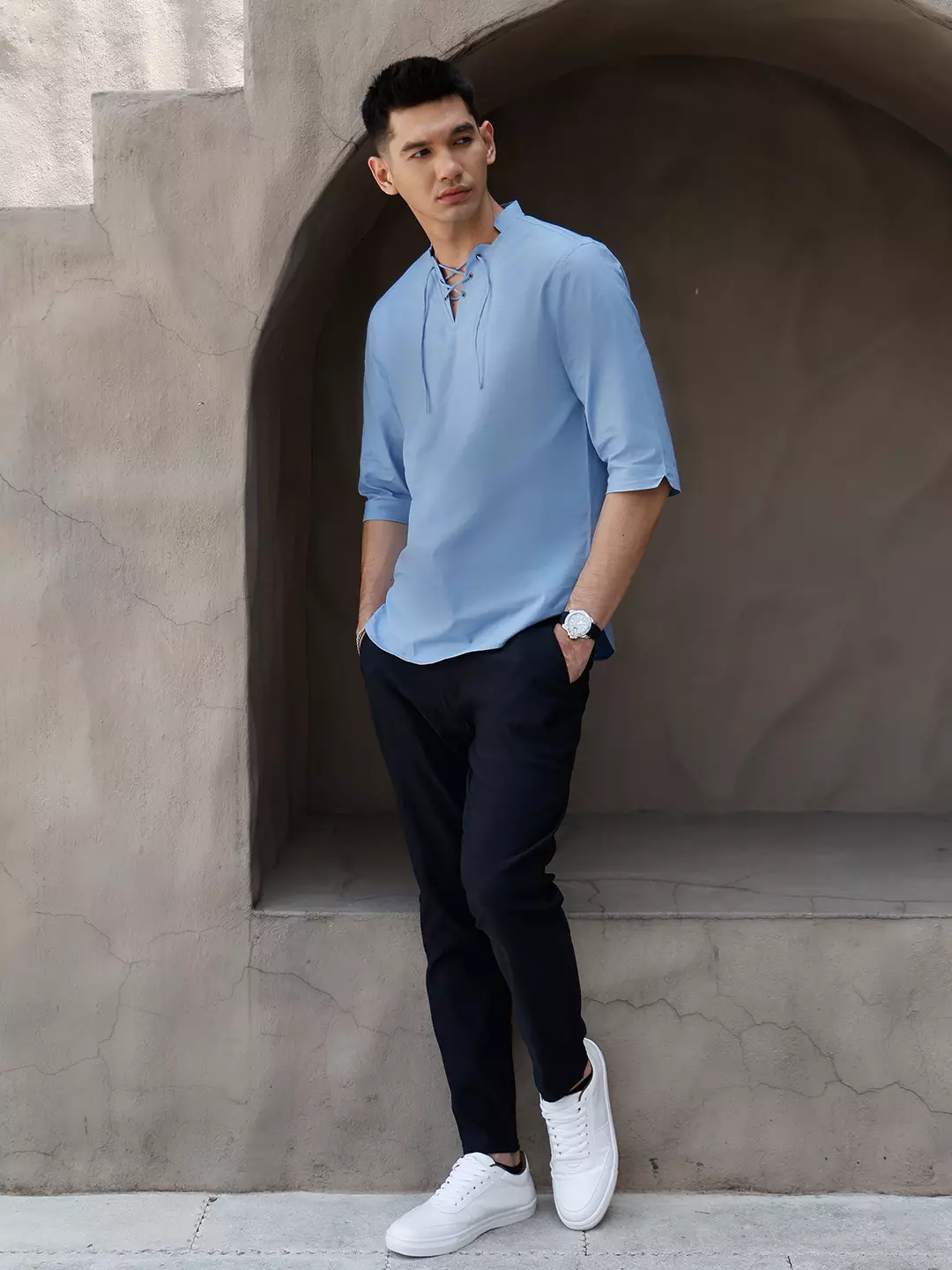 OXCON ZUHUD Kemeja koko Modern Linen Look Collarless Shirt Blue Denim