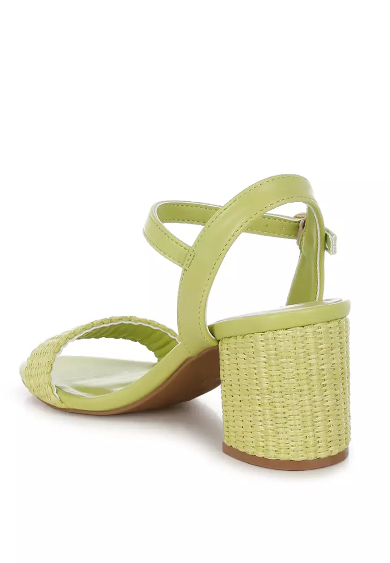Raffia Pin Buckle Block Heels In Green
