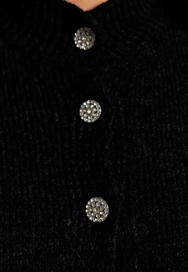 Black Stone Buttoned Knitted Cardigan Tbbaw24Av00019
