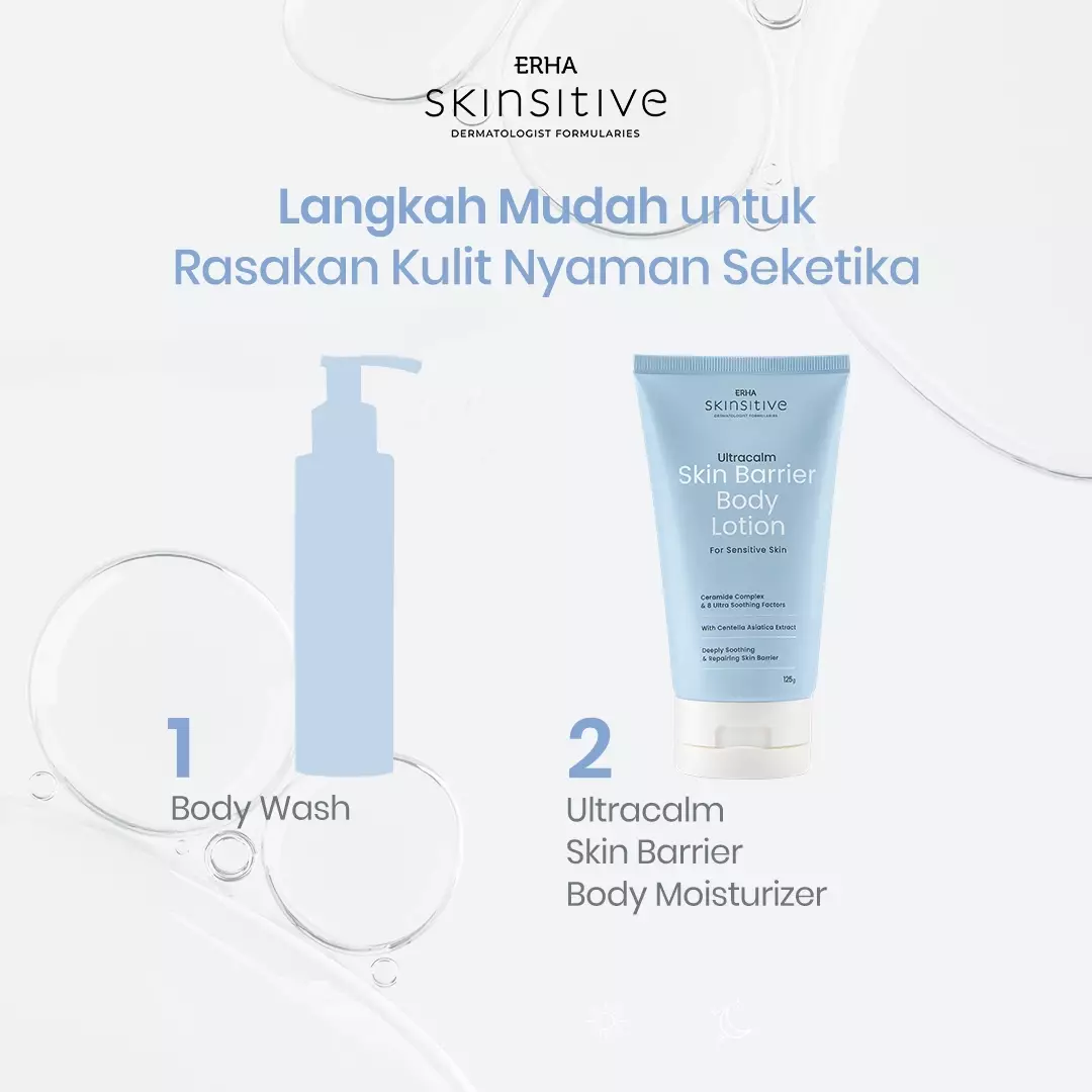 ERHA Skinsitive Ultracalm Body Lotion 125g | Pelembap Kulit Semua Jenis Kulit (Normal, Kering, Sensitif) | Gentle, No Fragrance, No Alcohol | Kulit Sangat Kering, Eksim, Ibu Hamil Menyusui, Anak Usia 3 | Skin Barrier Kuat dengan Ceramide, Calming Agent