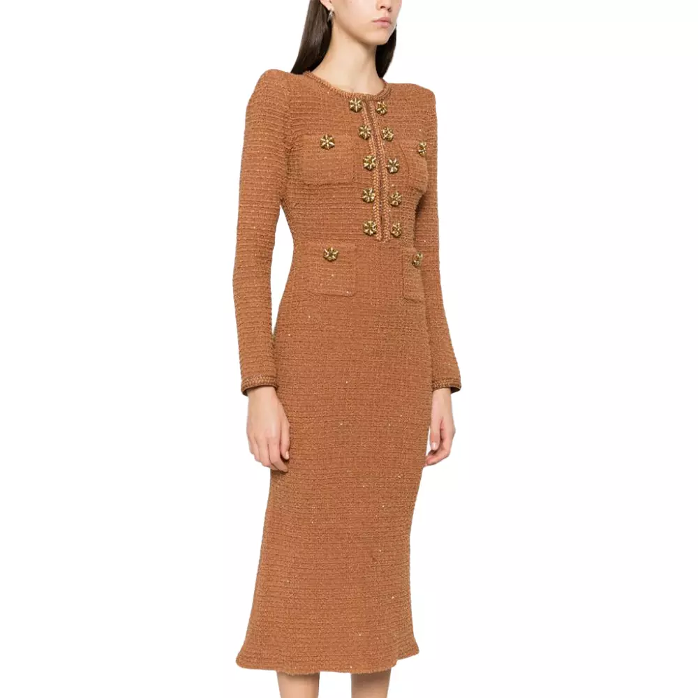 Textured Knit Midi Dress with Front Buttons and Faux Pockets main image 0