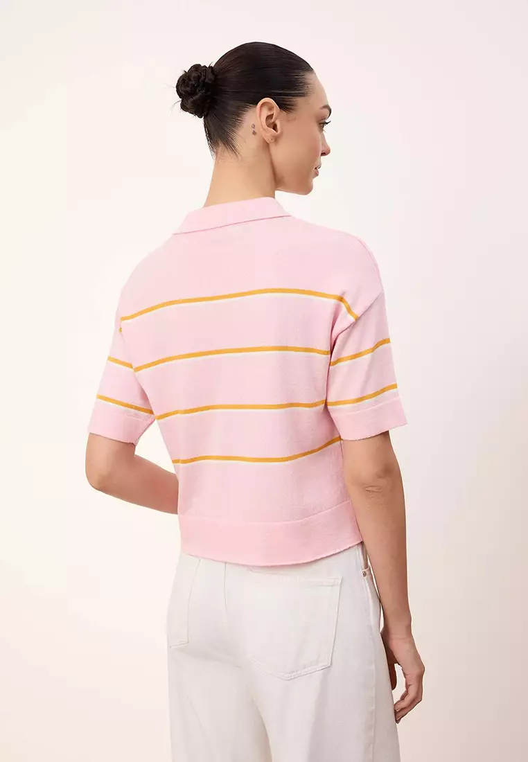 Pink Wardrobe Essentials Summer Yarn Ç Striped Polo Neck Knitwear Blouse Twoss26Bz127