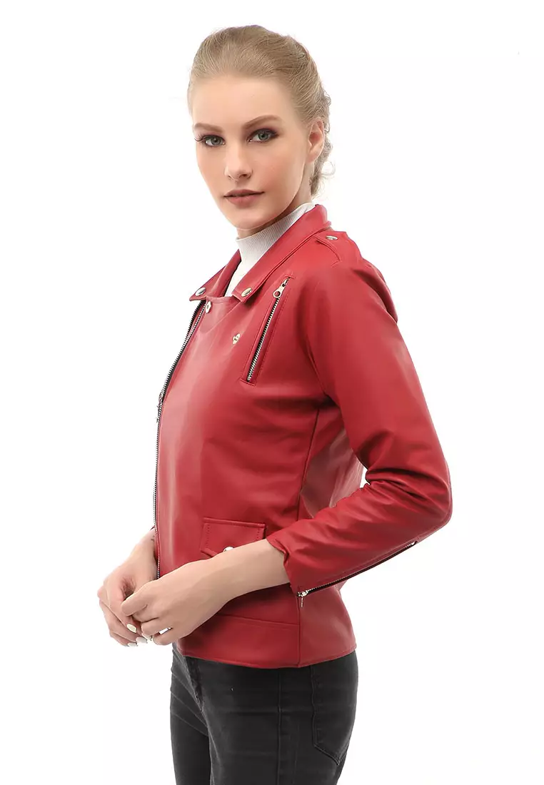 Glenice Jaket Kulit Casual Wanita Windproof Stylish Design Material Leather ORIGINAL - Red