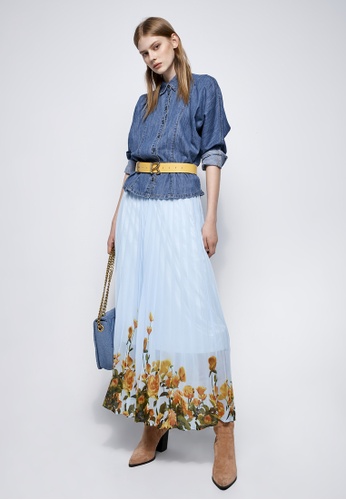 iROO multi Blue Pleated Chiffon Skirt With Contrast Floral Print B4073AAD4C4880GS_1
